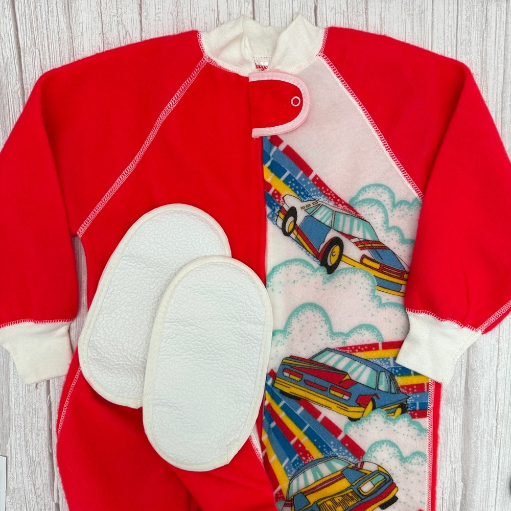 Vtg Sungabye RACE CARS Plastic Footed Zip Sleeper Red Fleece Pajamas Child Sz 6